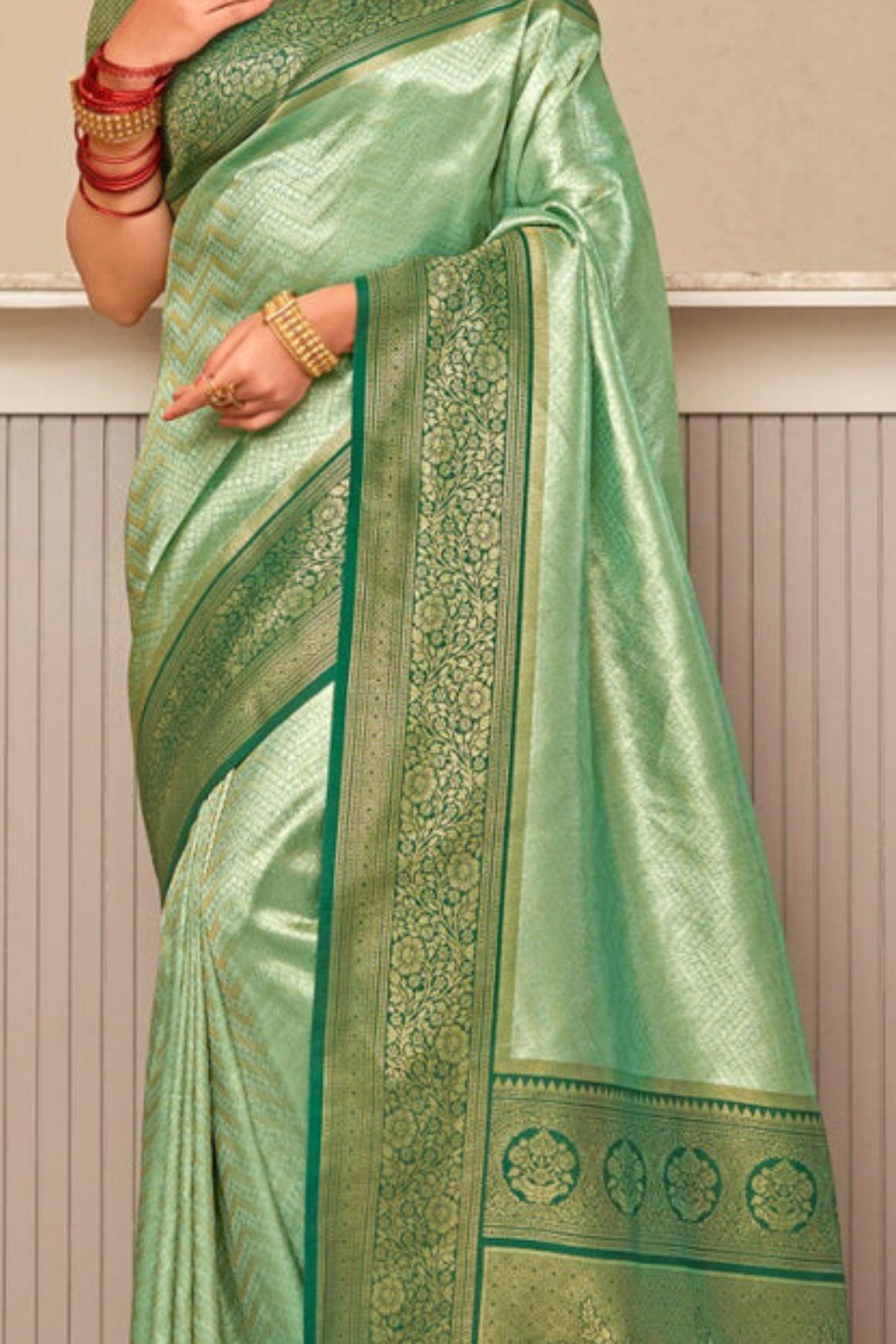 Buy MySilkLove Shimmer Green Zari Woven Kanjivaram Saree Online