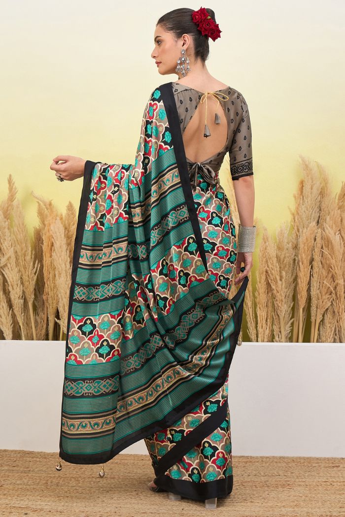 Buy MySilkLove Wild Blue and Black Modal Satin Printed Silk Saree Online
