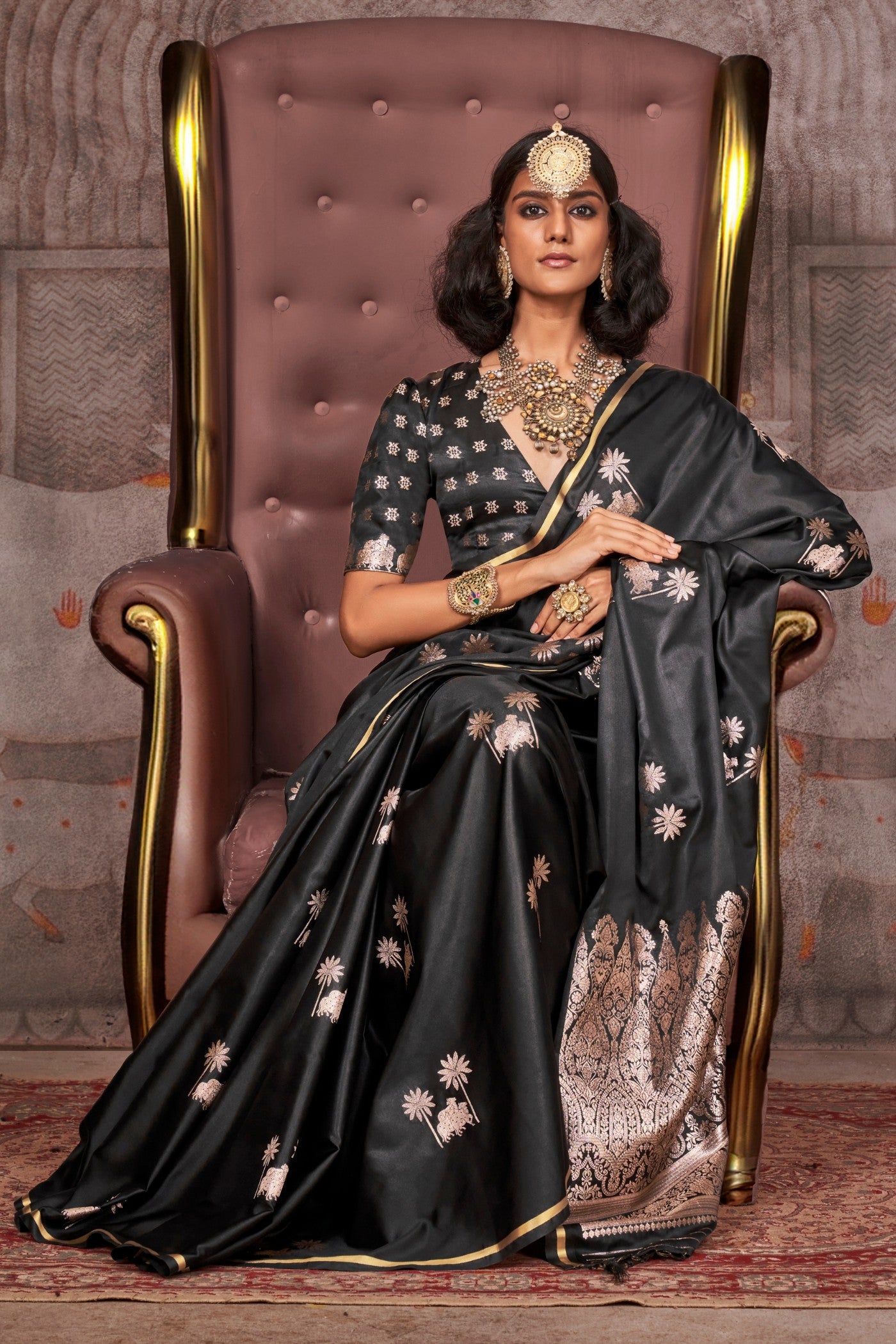 Buy MySilkLove Tuna Black Banarasi Pichwai Satin Saree Online