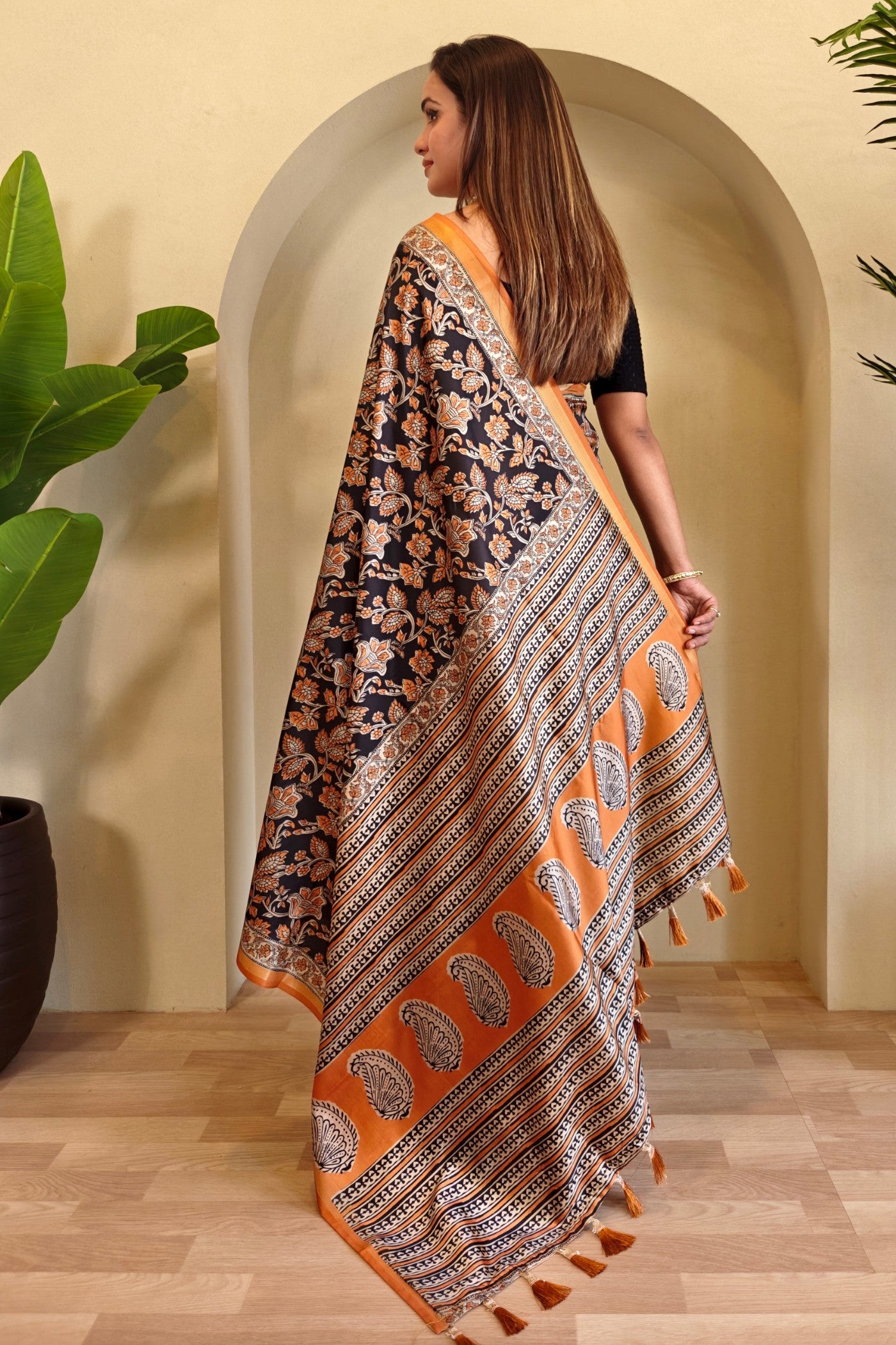 Buy MySilkLove Coral Black and Orange Digital Printed Saree Online