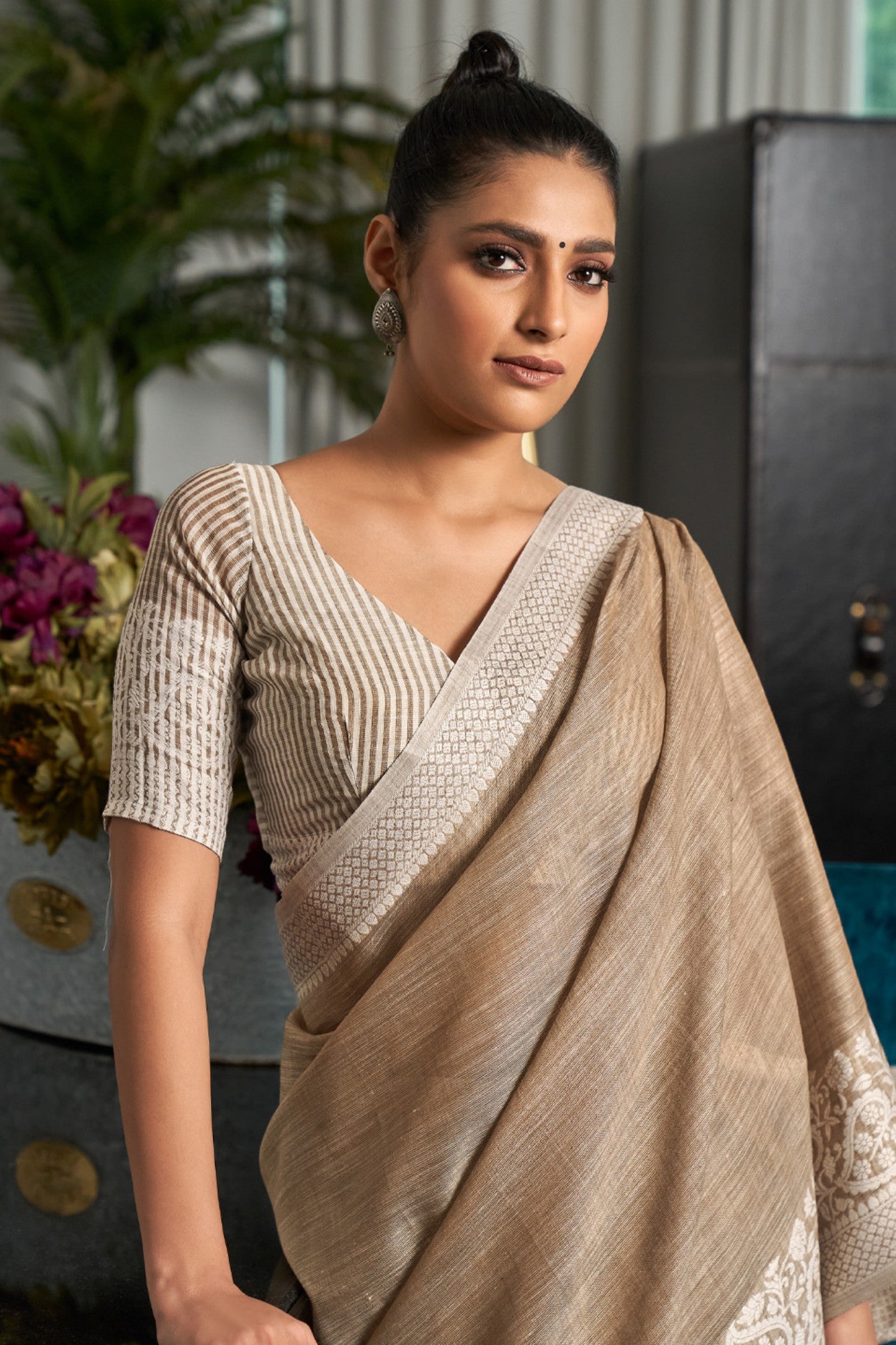 MySilkLove Peanut Brown Woven Linen Saree