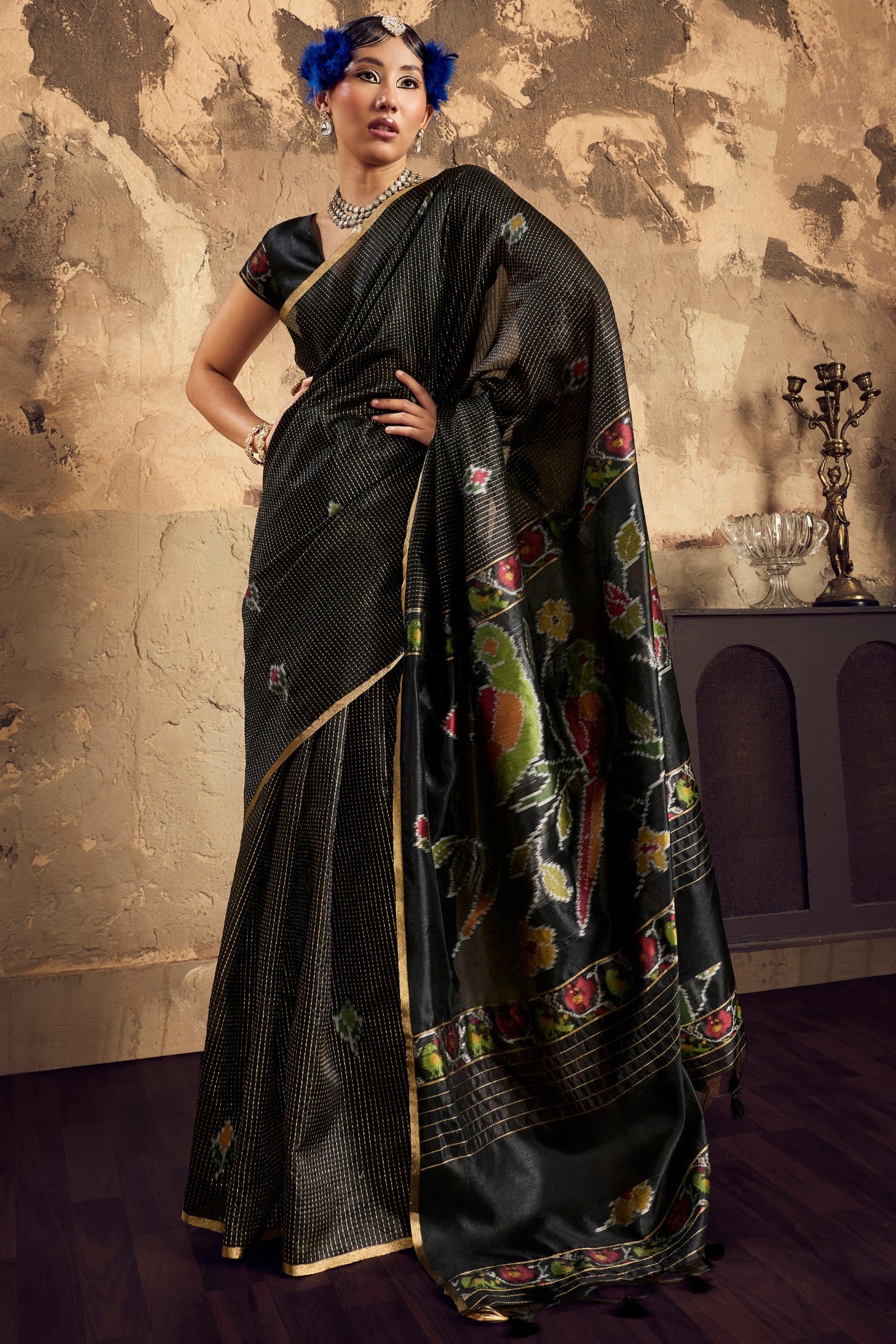 Buy MySilkLove Asphalt Black Tussar Paithani Fusion Handloom Saree Online