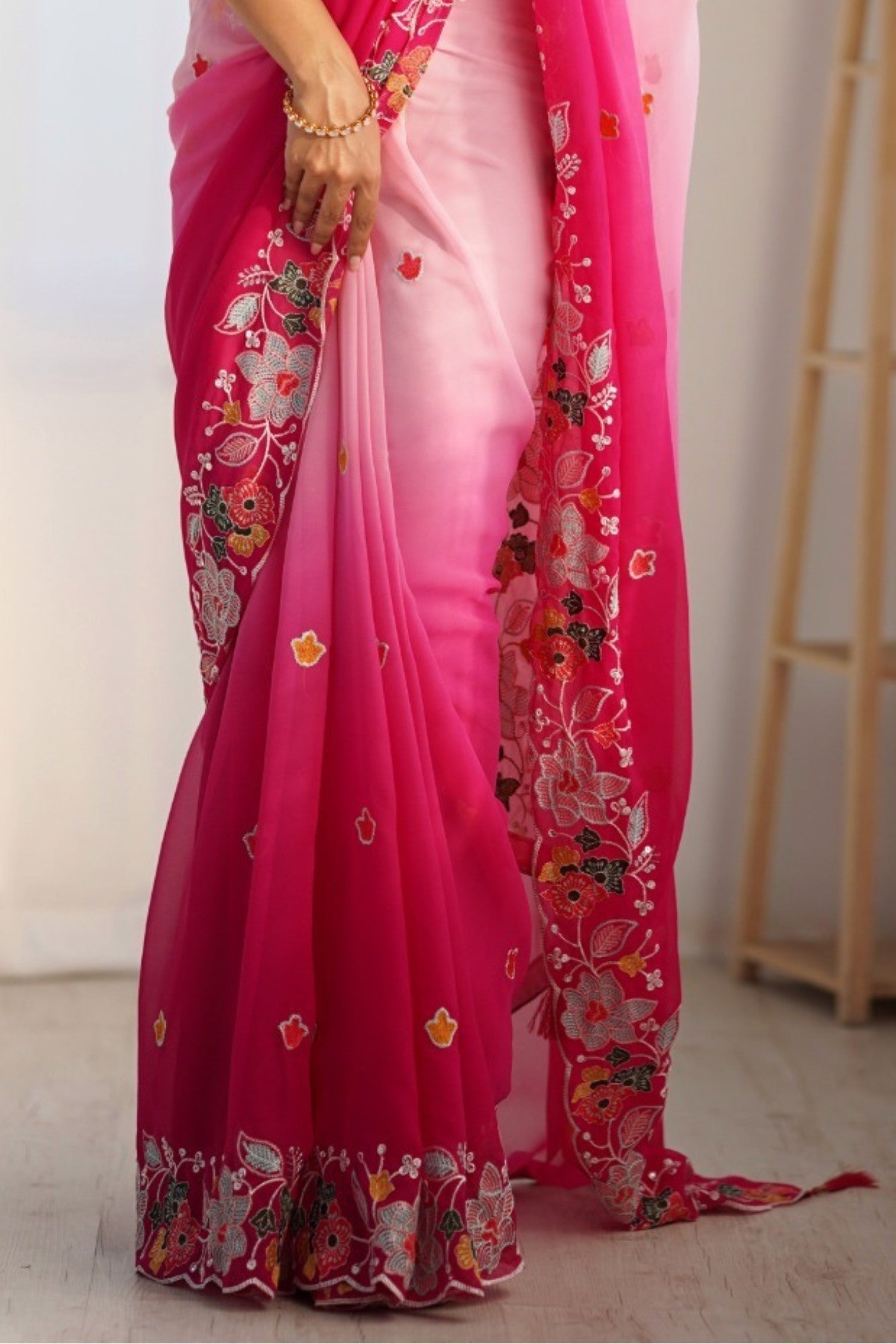 Buy MySilkLove Taffy Pink and White Georgette Saree Online