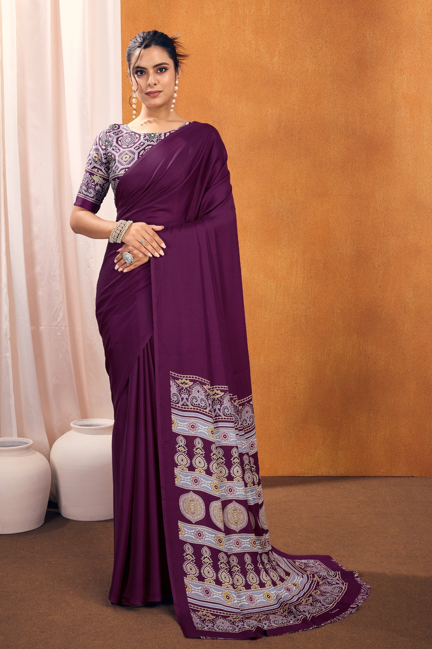 Buy MySilkLove Cosmic Purple Ajrakh Printed Satin Crepe Silk Saree Online