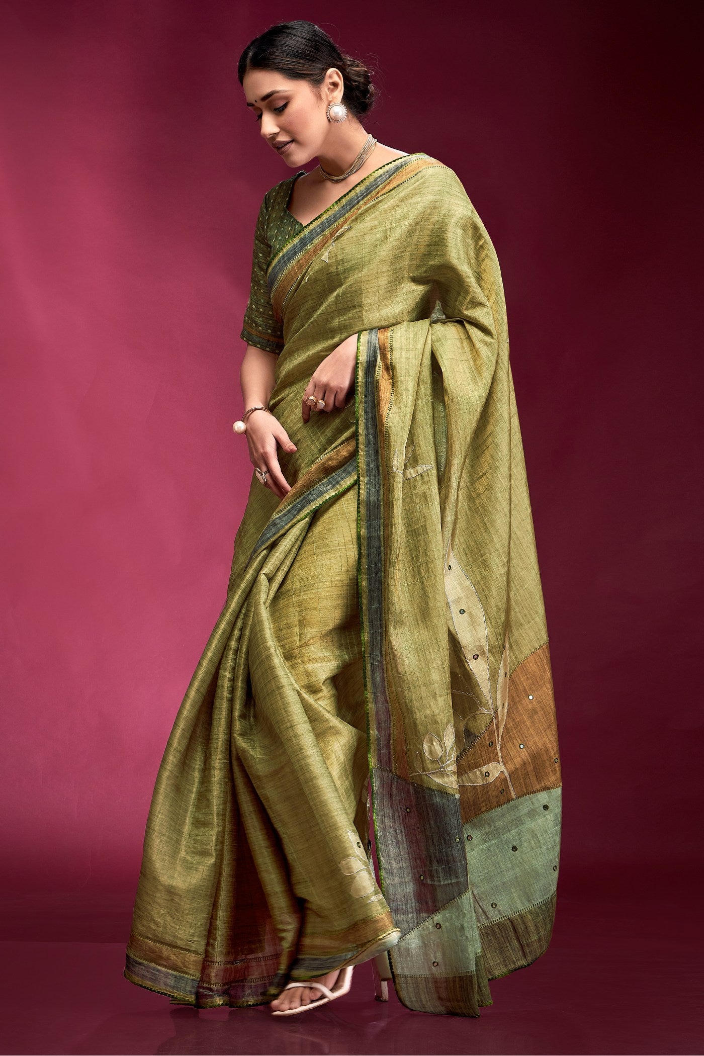 Buy MySilkLove Locust Green Woven Tussar Silk Saree Online