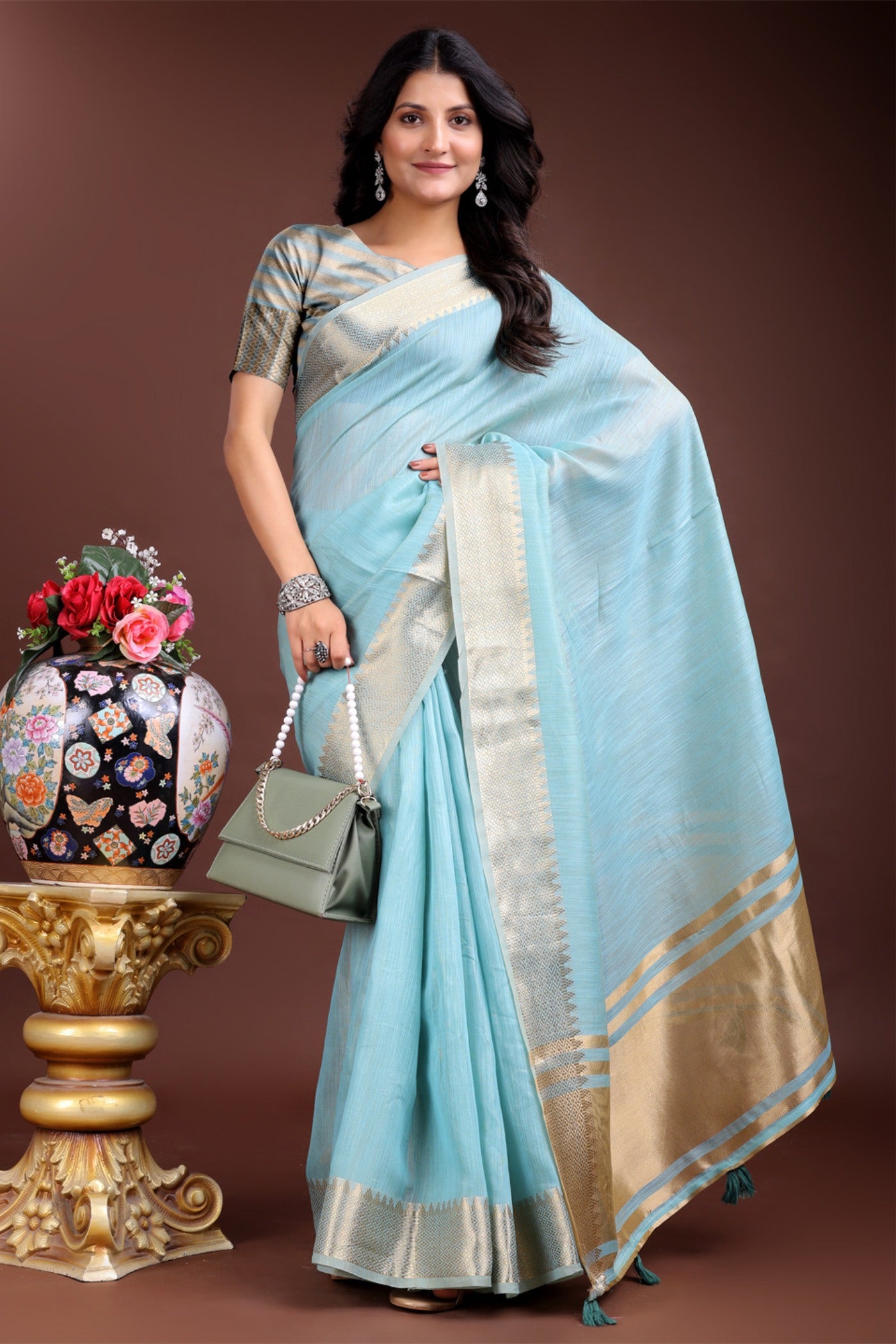 Buy MySilkLove Stone Blue Woven Cotton Saree Online
