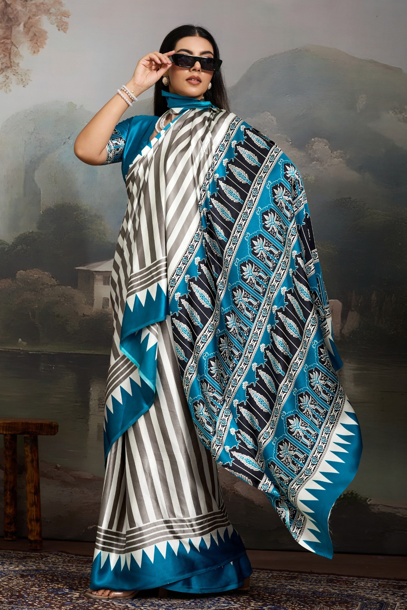 Buy MySilkLove Snow White and Blue Ajrakh Printed Satin Crepe Silk Saree Online
