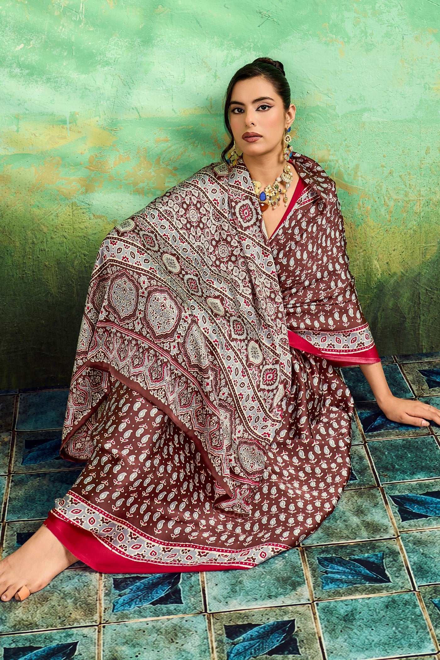 Buy MySilkLove Wine Maroon Modal Ajrakh Satin Printed Silk Saree Online