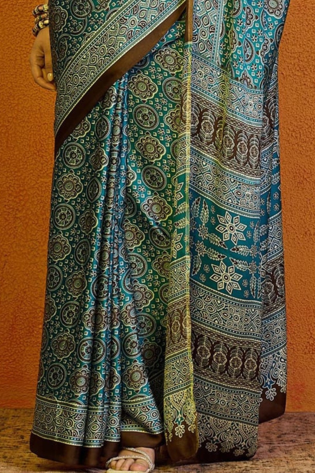 Buy MySilkLove Cutty Sark Blue Printed Ajrakh Satin Crepe Saree Online