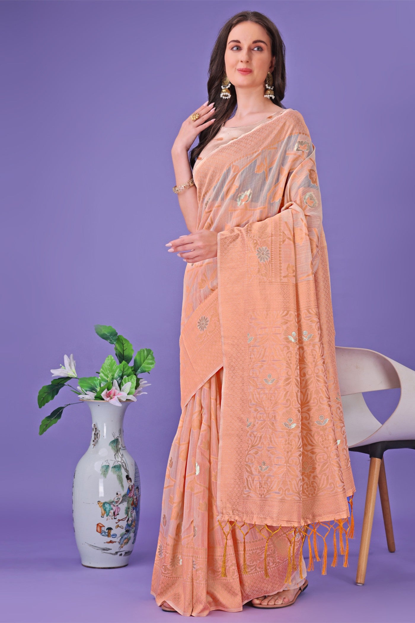 Buy MySilkLove Pum Peach Linen Cotton Saree Online