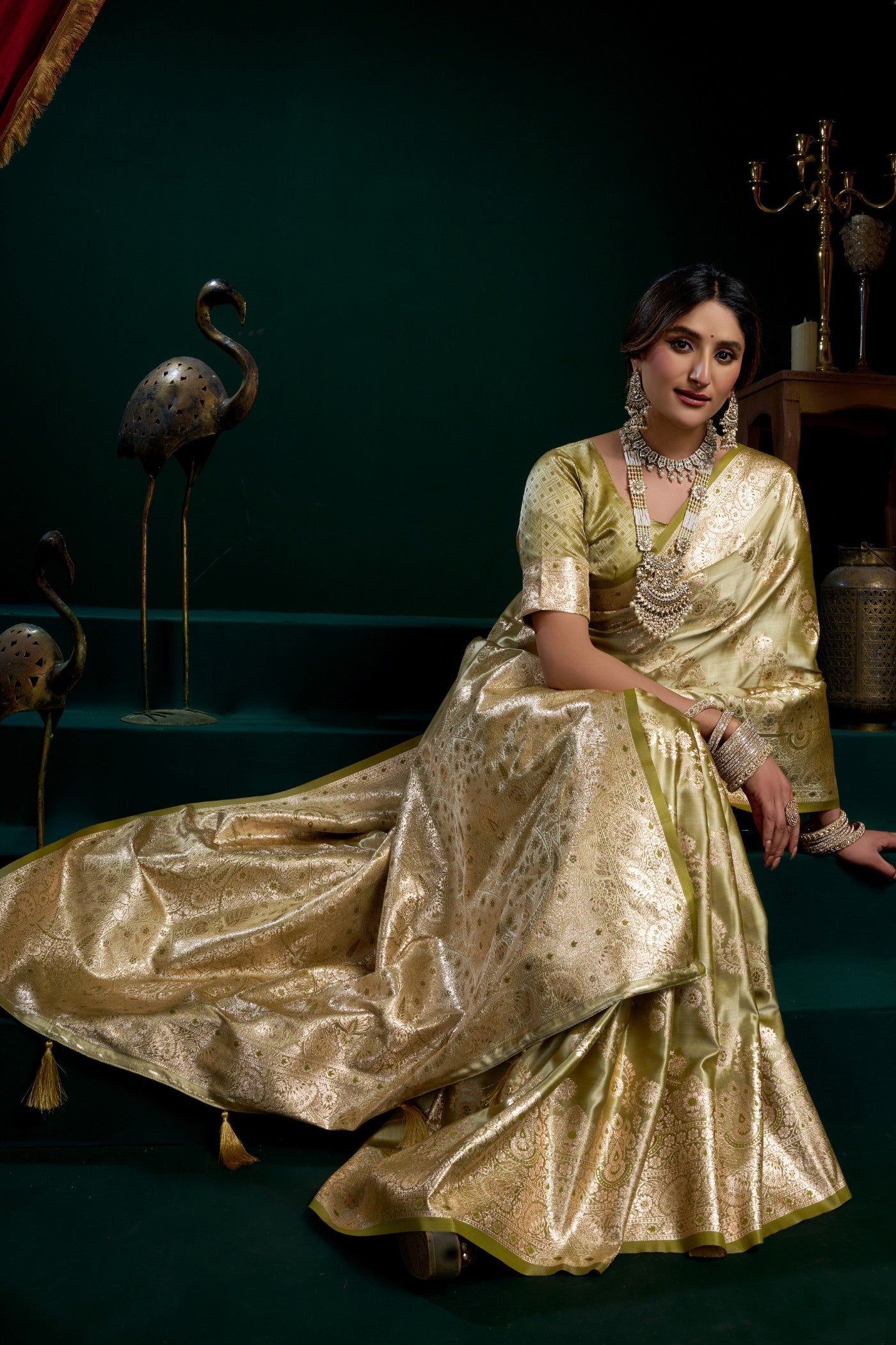 Buy MySilkLove Artichoke Green Banarasi Handloom Satin Soft Silk Saree Online
