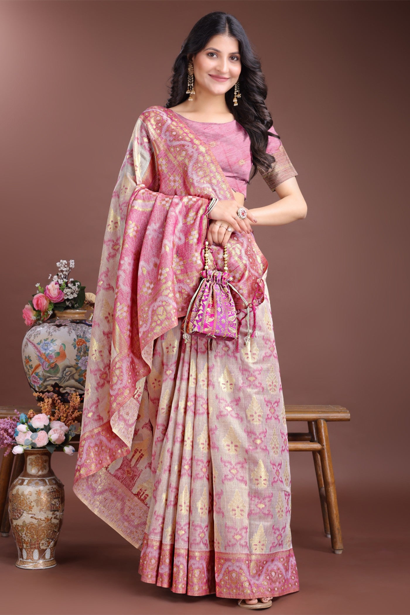 Buy MySilkLove Moranch Pink Linen Cotton Saree Online