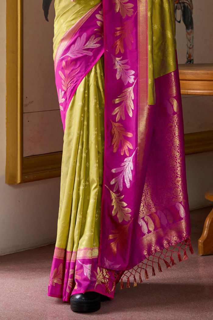 Buy MySilkLove Pesto Green and Pink Banarasi Soft Silk Saree Online