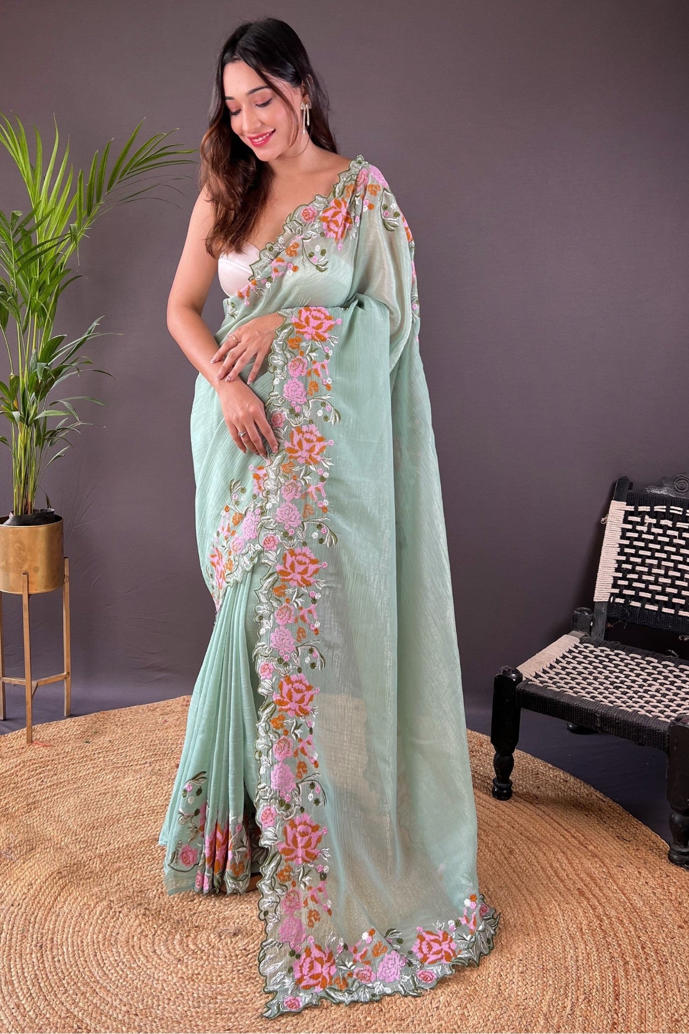 Buy MySilkLove Swamp Green Embroidered Party Wear Saree Online