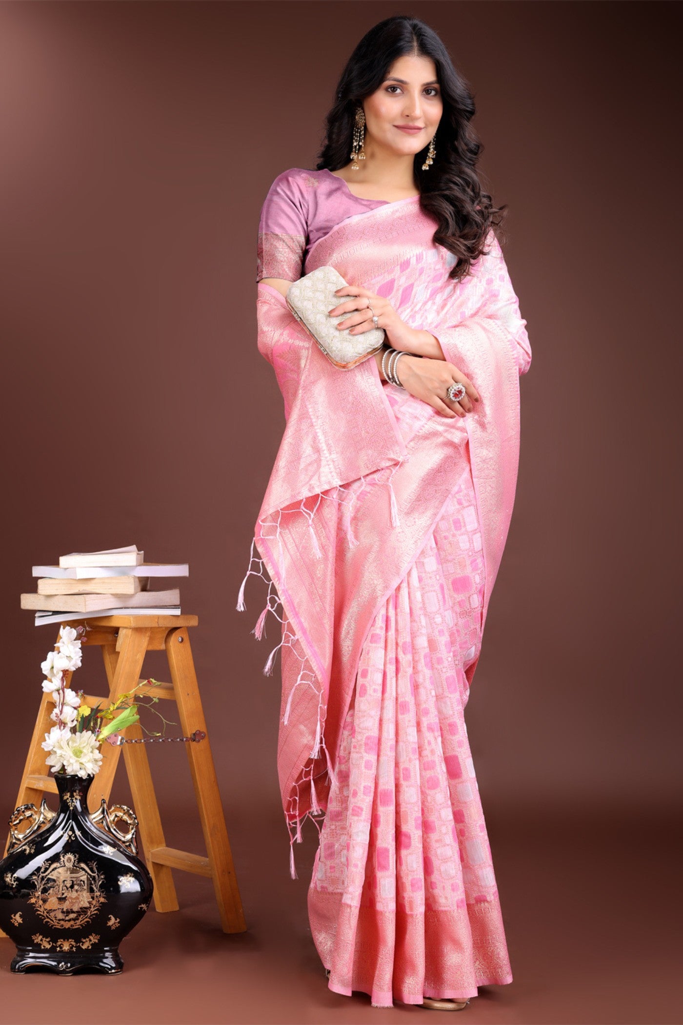 Buy MySilkLove Cherry Pink Woven Linen Cotton Saree Online