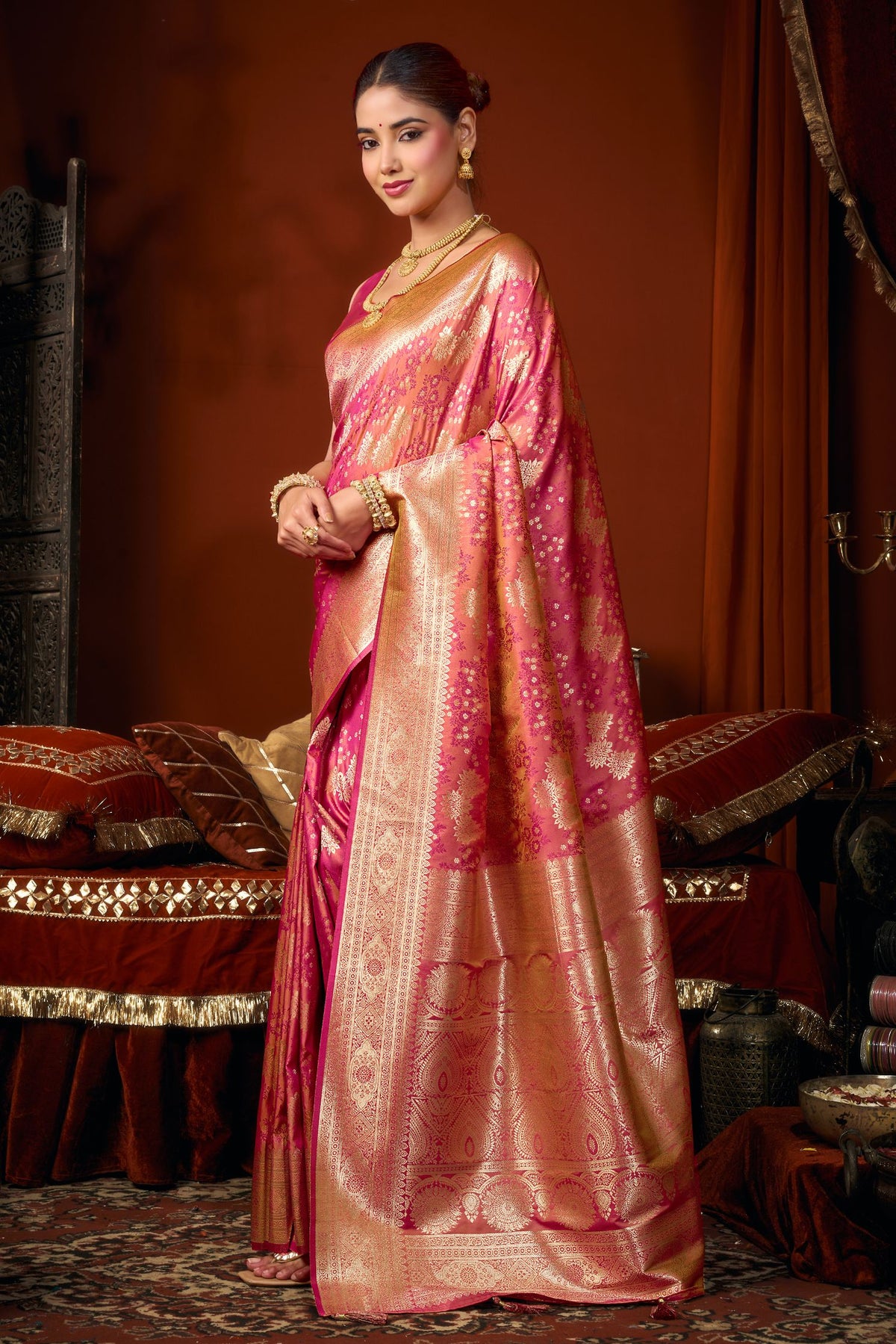 Buy MySilkLove Salmon Pink Woven Banarasi Jacquard Soft Silk Saree Online