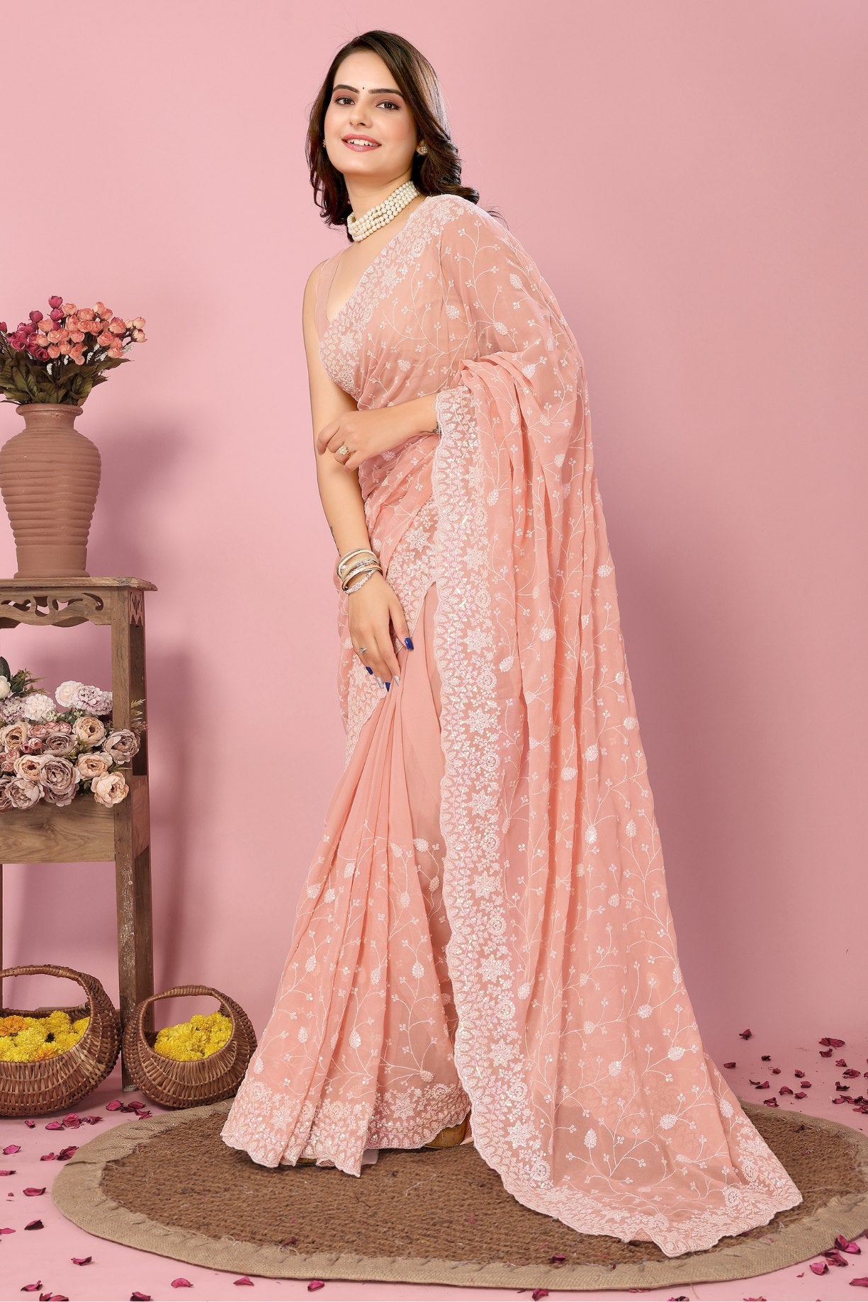 Buy MySilkLove Melon Peach Georgette Embroidered Silk Saree Online