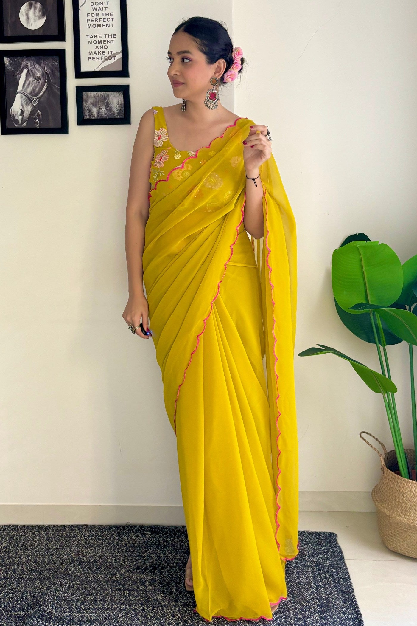 Buy MySilkLove Moccasin Yellow Gerogette Saree Online