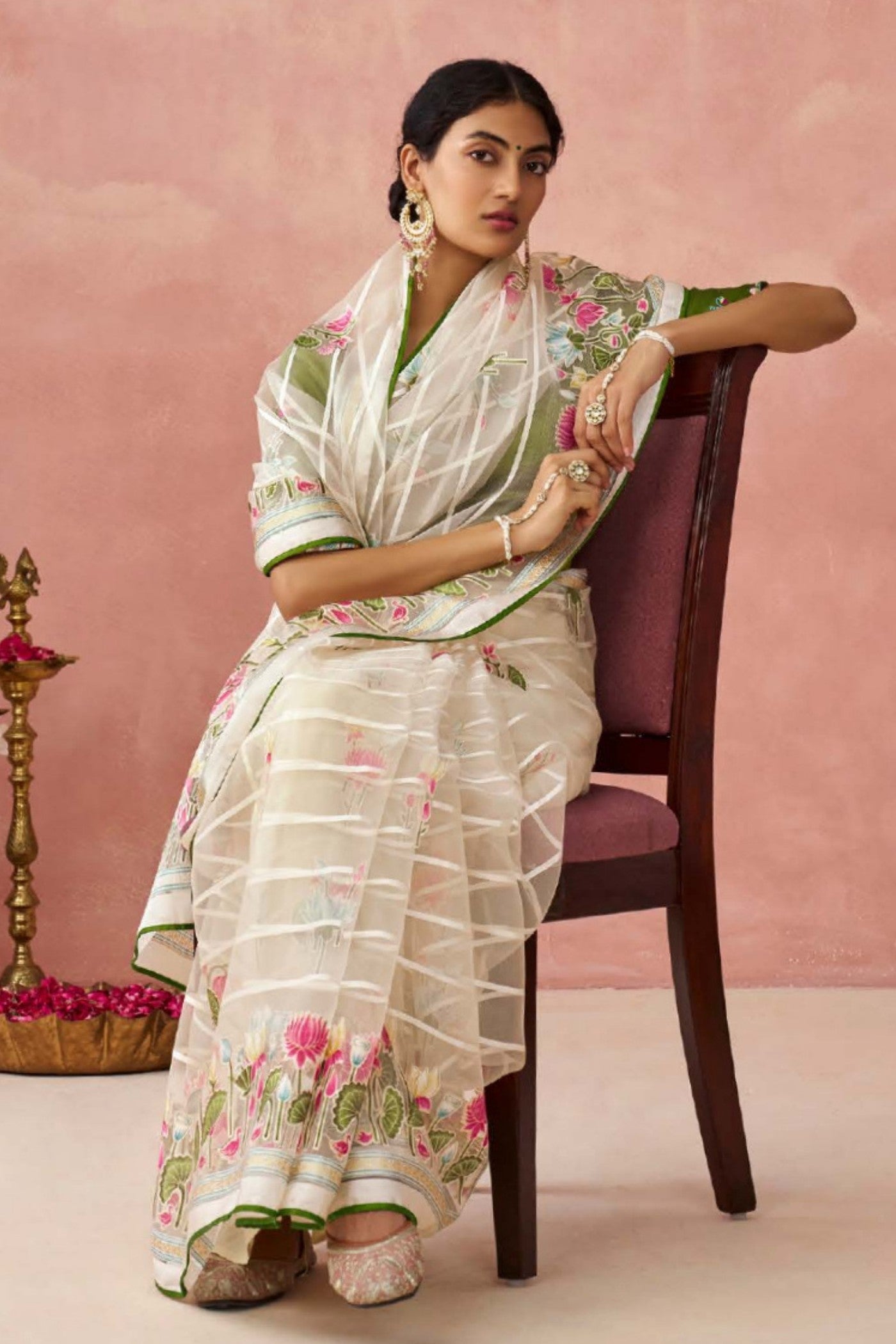 Buy MySilkLove Pearl White and Green Brasso Organza Printed Saree Online