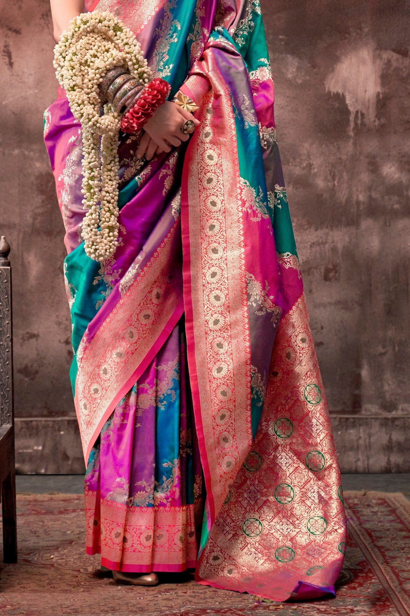 Buy MySilkLove Eastern Blue and Pink Rangkaat Handloom Banarasi Saree Online