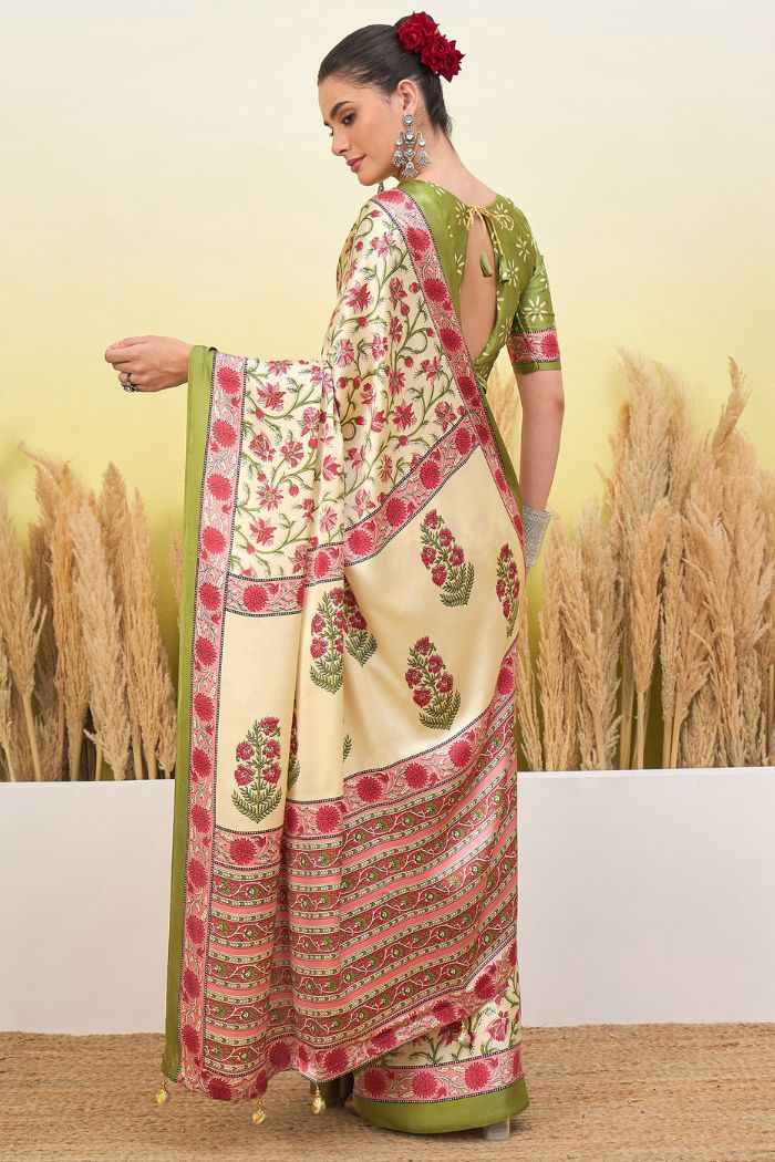 Buy MySilkLove Warm Cream Modal Satin Printed Silk Saree Online