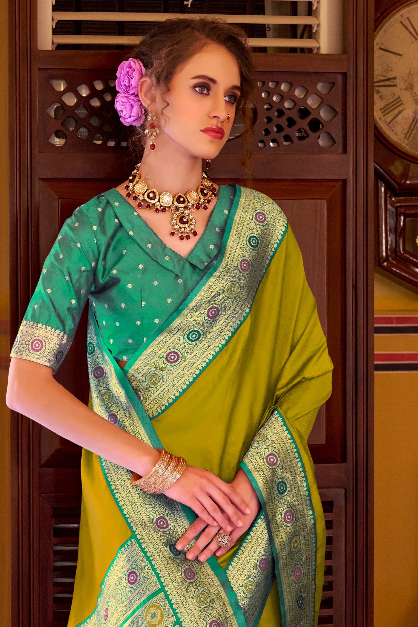 MySilkLove Kelly Green Woven Banarasi Soft Silk Saree