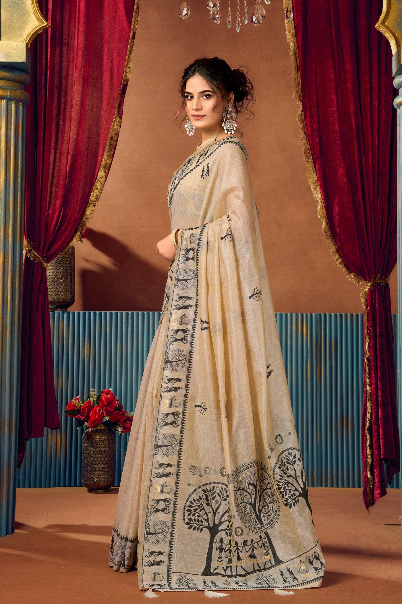 Buy MySilkLove Seashell Cream Woven Modal Cotton Saree Online