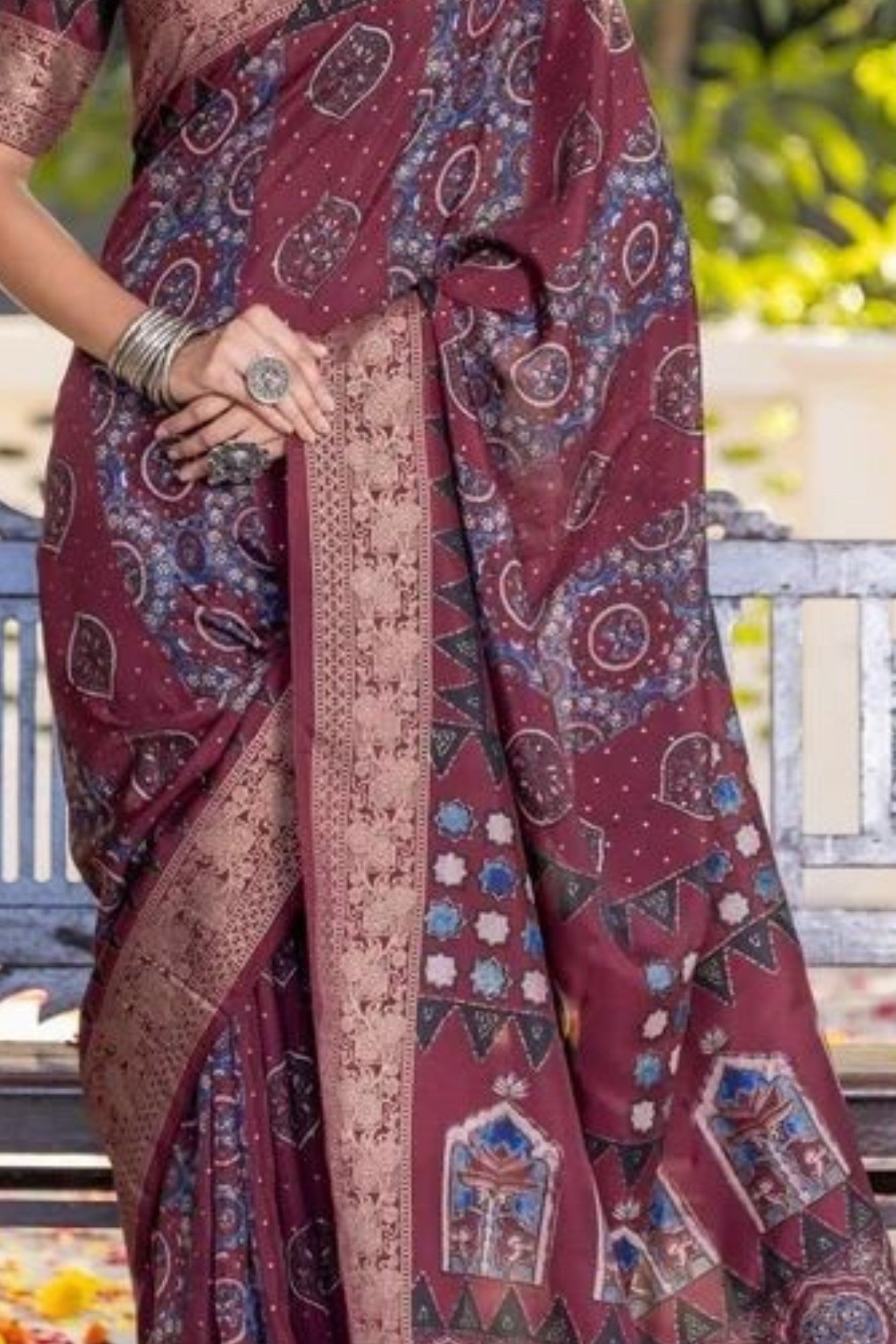 Buy MySilkLove Cedar Maroon Ajrakh Digital Printed Satin Saree Online