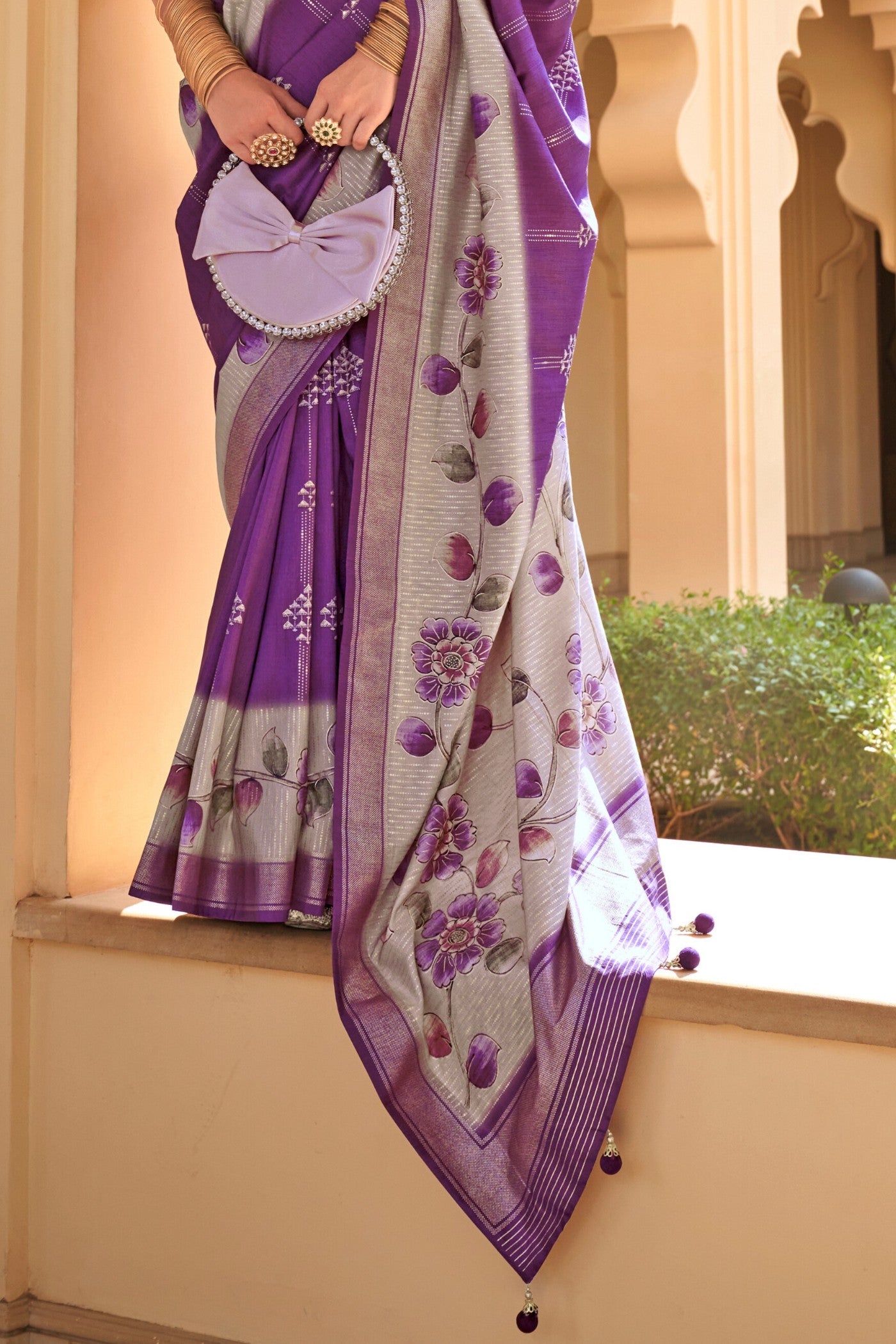 Buy MySilkLove Razzmic Berry Purple Floral Printed Banarasi Saree Online