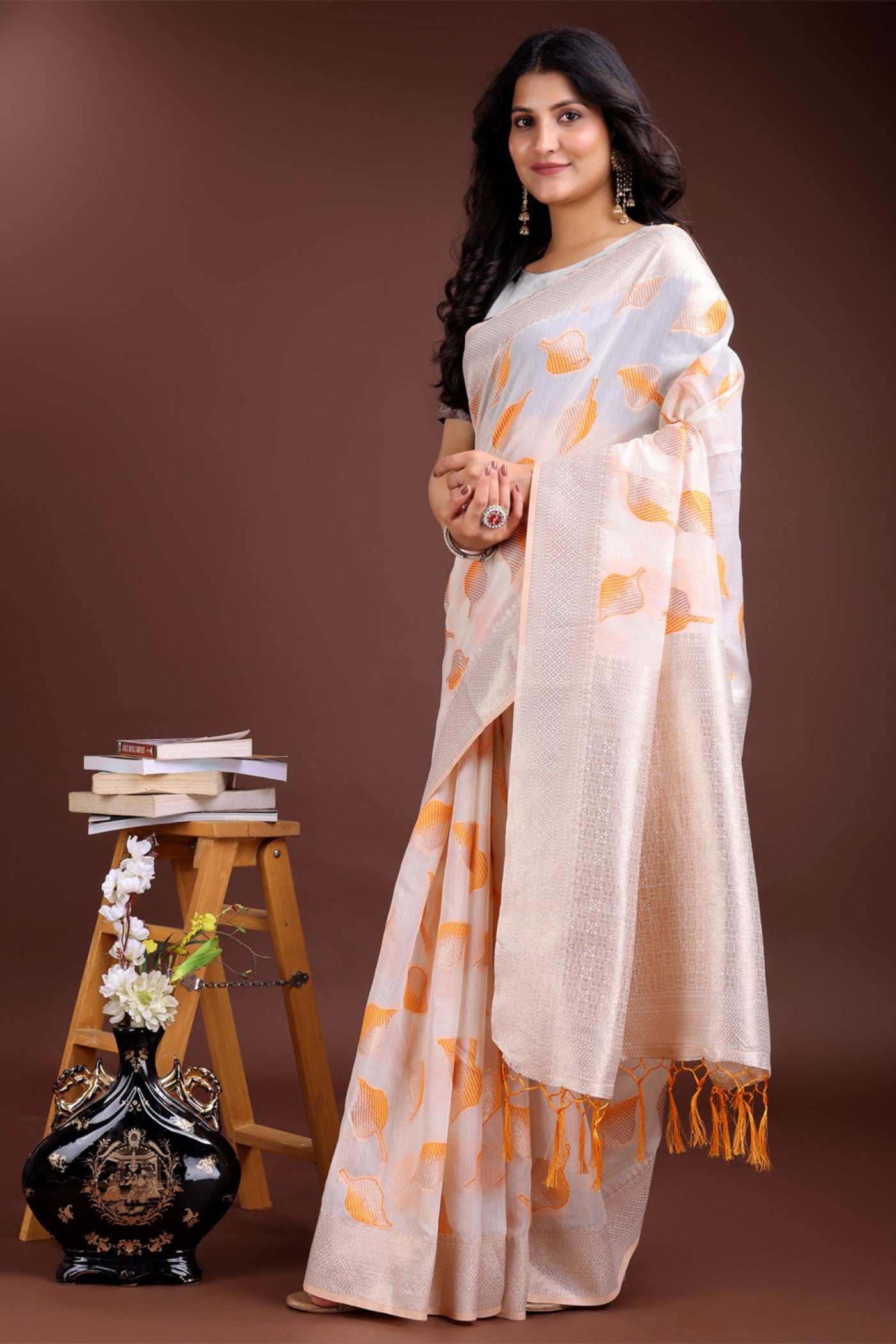 Buy MySilkLove Mogra White and Orange Woven Cotton Saree Online
