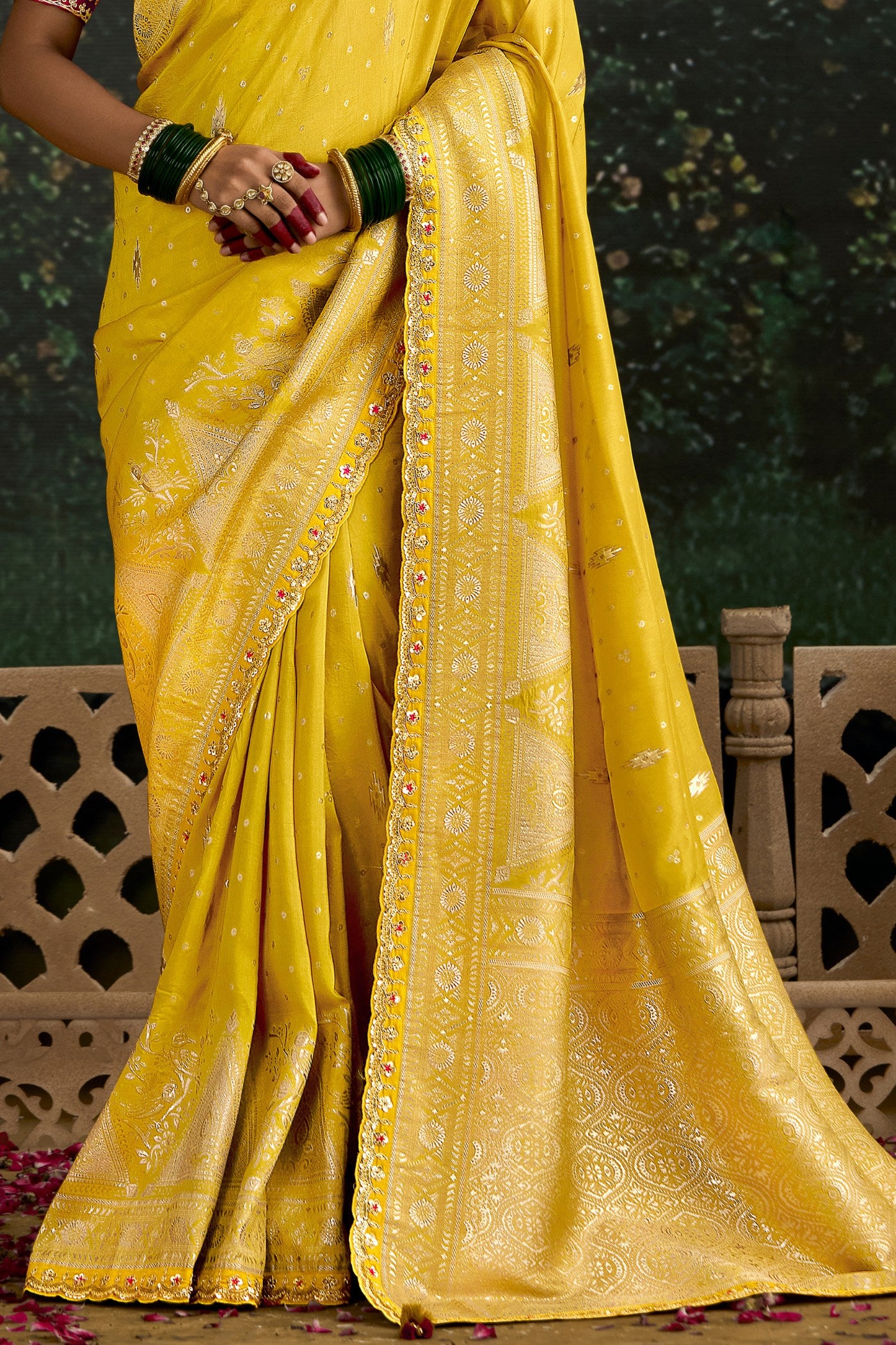 Buy MySilkLove Bumblebee Yellow Designer Banarasi Saree Online