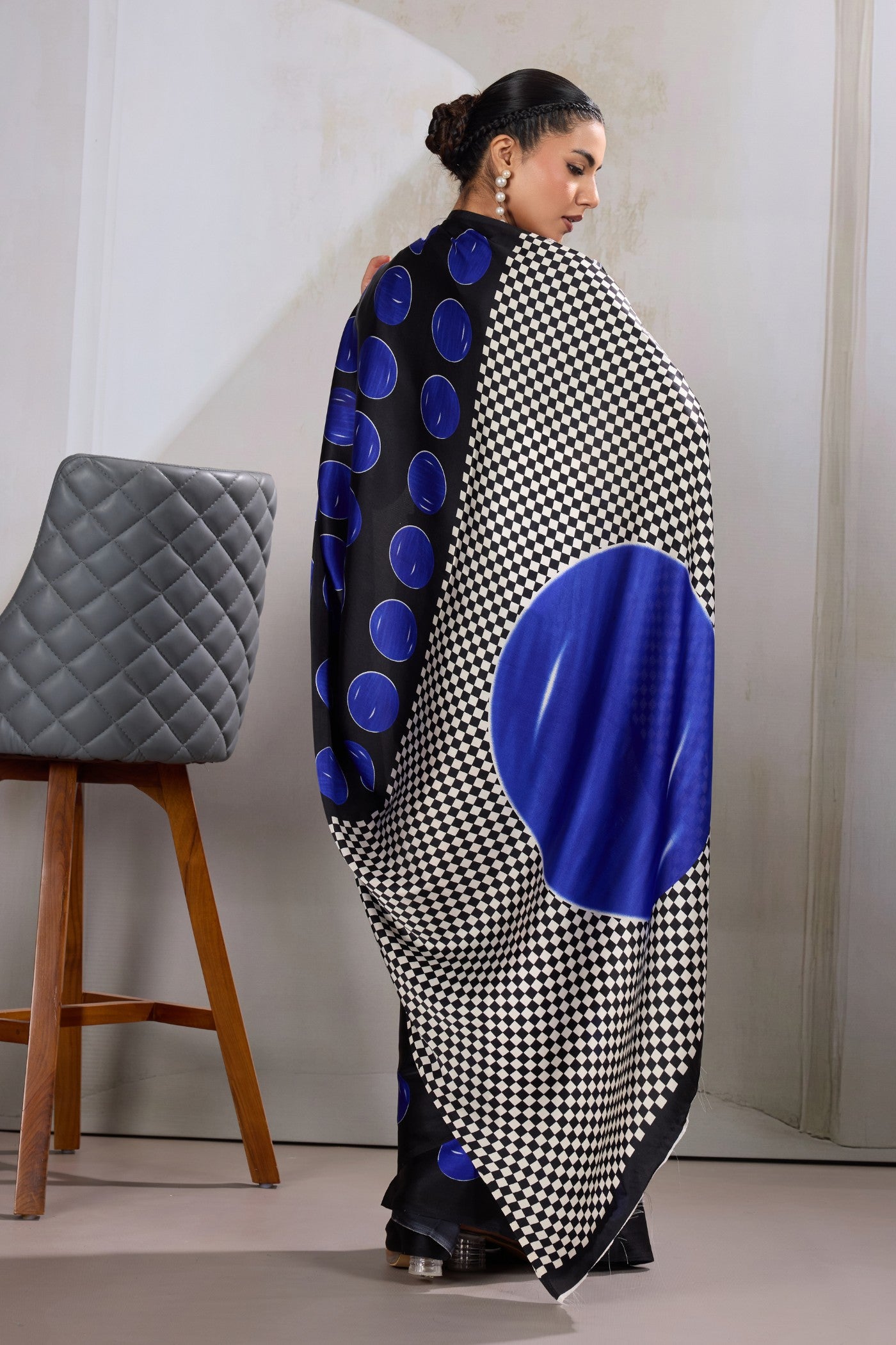 Buy MySilkLove Electric Blue Printed Polka Dots Satin Crepe Saree Online