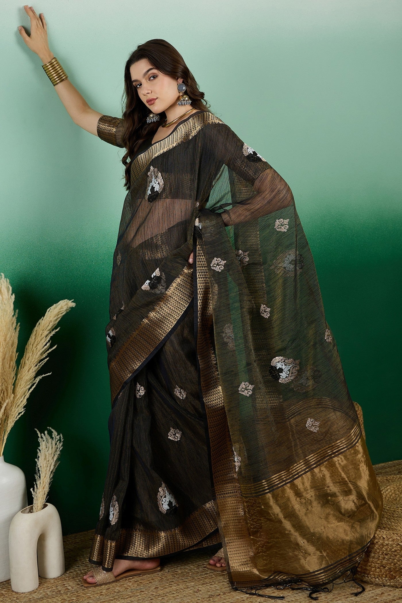 Buy MySilkLove Coral Black  Organza Saree Online