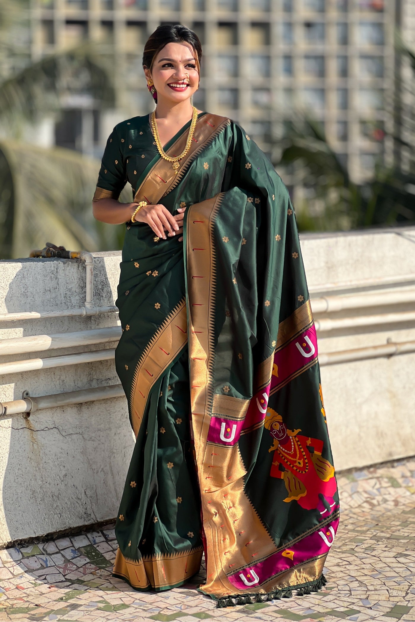 Buy MySilkLove Racing Green Woven Paithani Saree Online