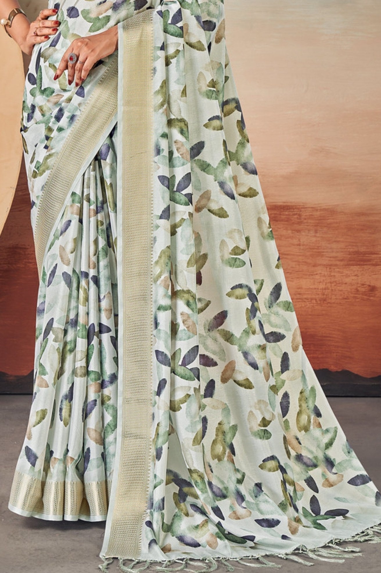 Buy MySilkLove Ice White Banarasi Digital Printed Saree Online