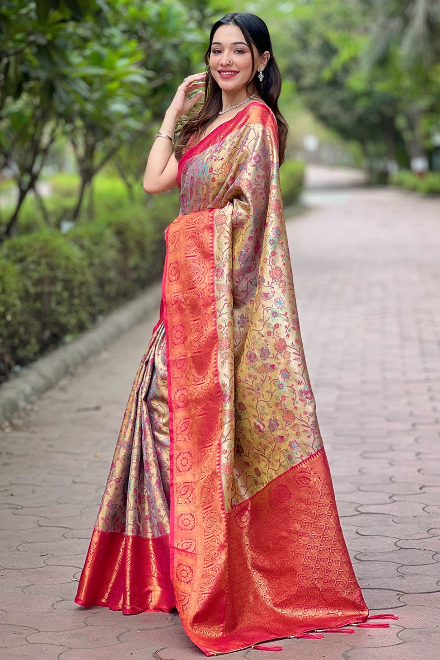 Buy MySilkLove Valencia Red and Cream Woven Banarasi Saree Online