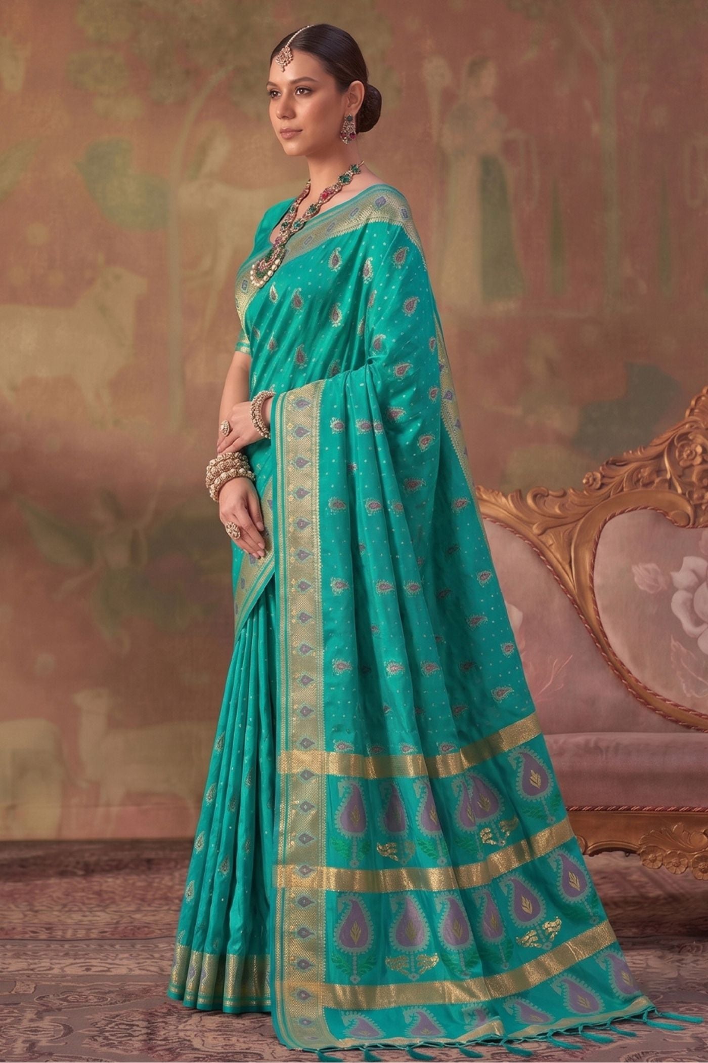 Buy MySilkLove Sea Green Woven Banarasi Soft Silk Saree Online