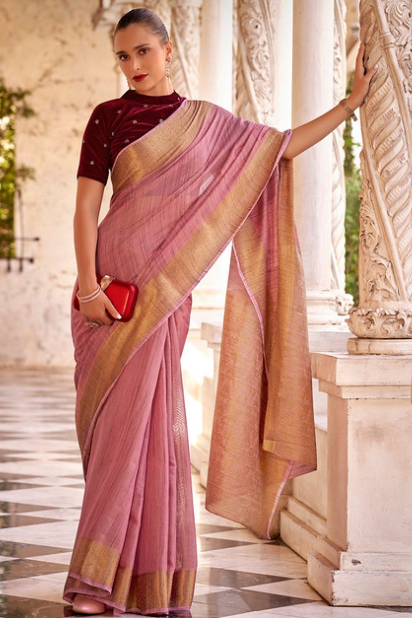 Buy MySilkLove Shimmering Blush Pink Zari Woven Linen Saree Online