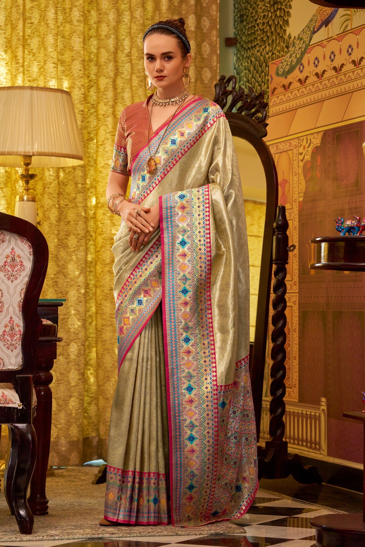 Buy MySilkLove Apache Cream Woven Tissue Silk Saree Online