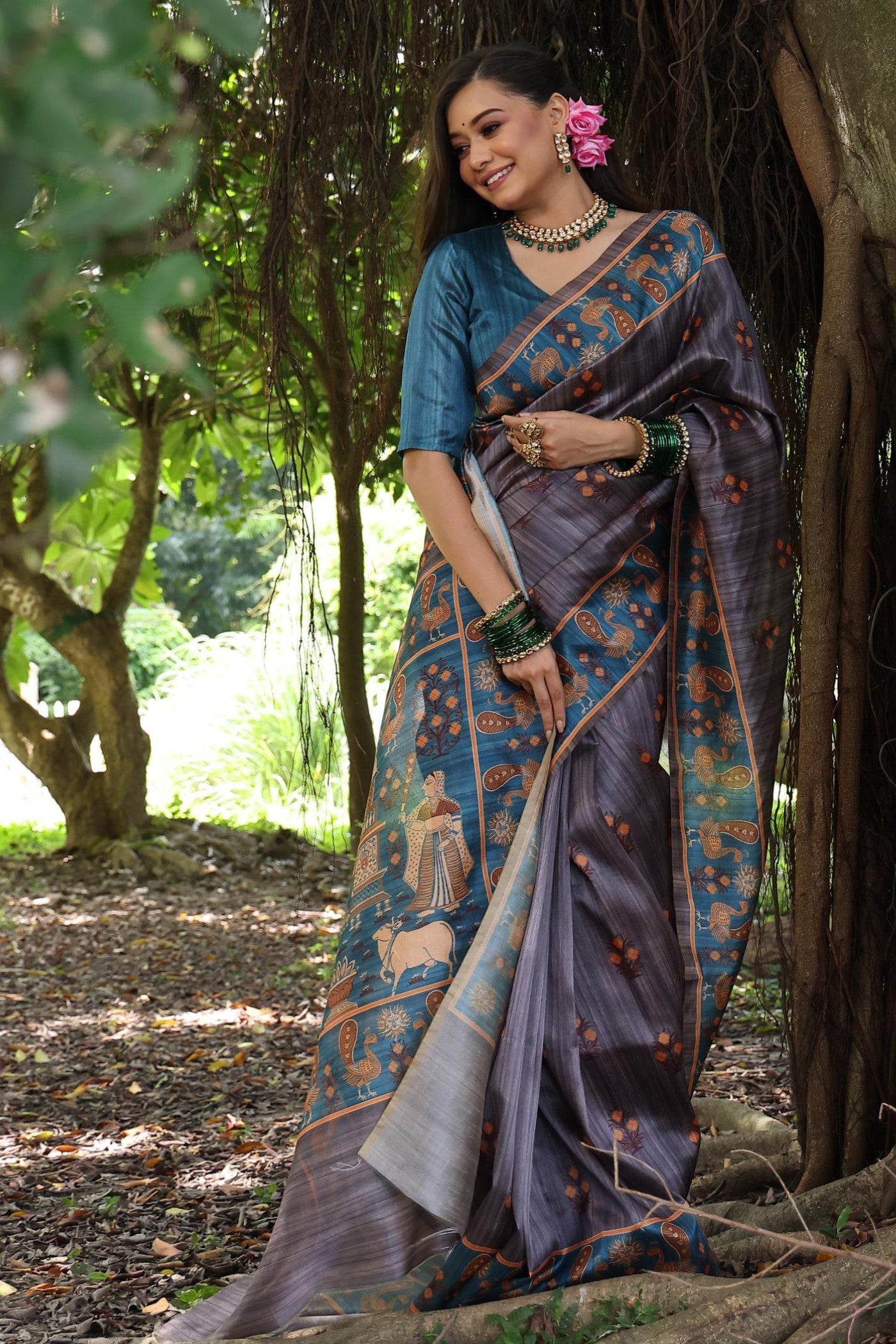 Buy MySilkLove Raisin Purple Madhubani Tussar Printed Silk Saree Online