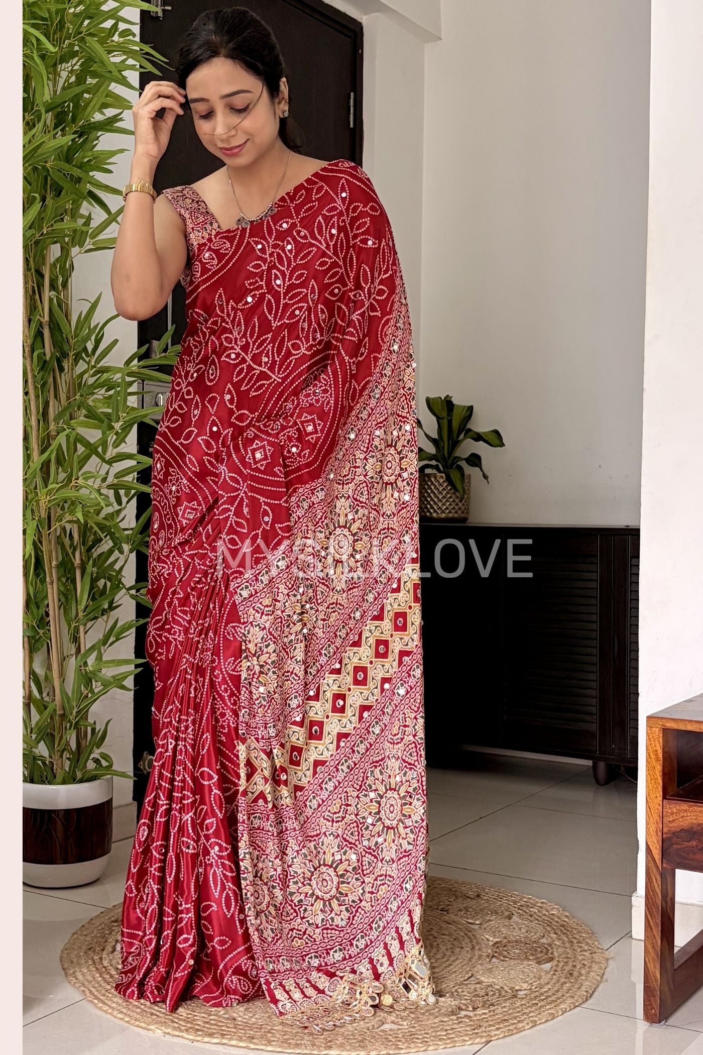 Buy MySilkLove Ruby Red Bandhani Fusion Ajrakh Pallu Mirror Work Saree Online