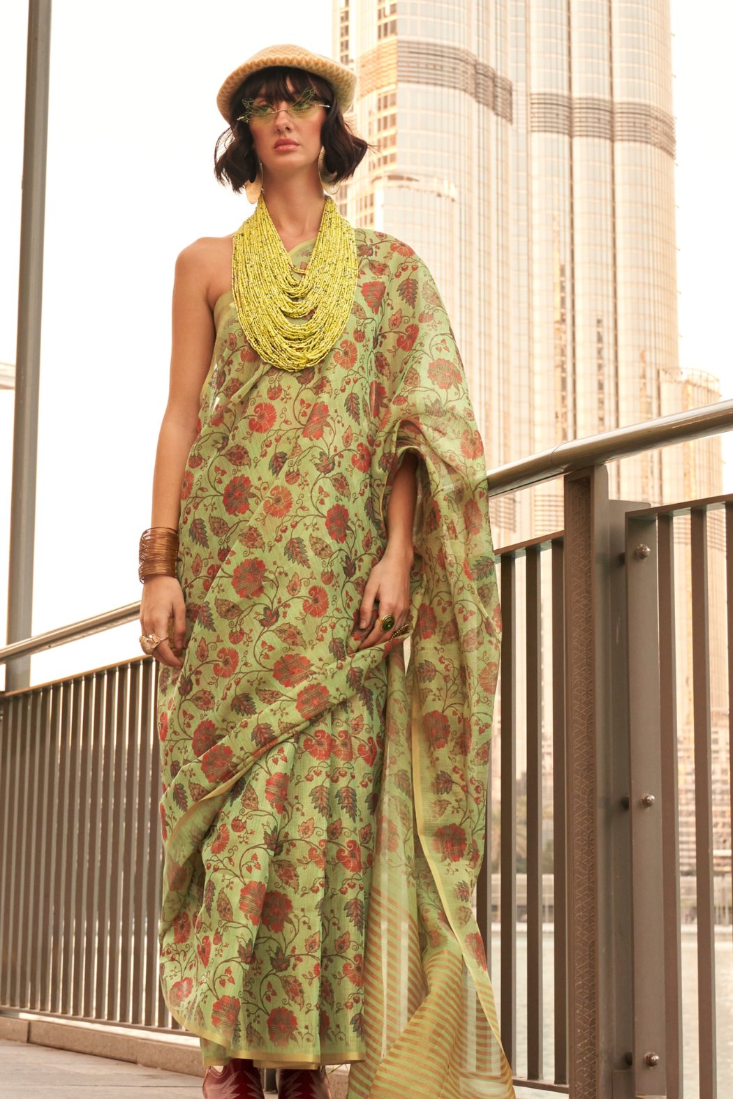 Buy MySilkLove French Green Printed Tissue Saree Online