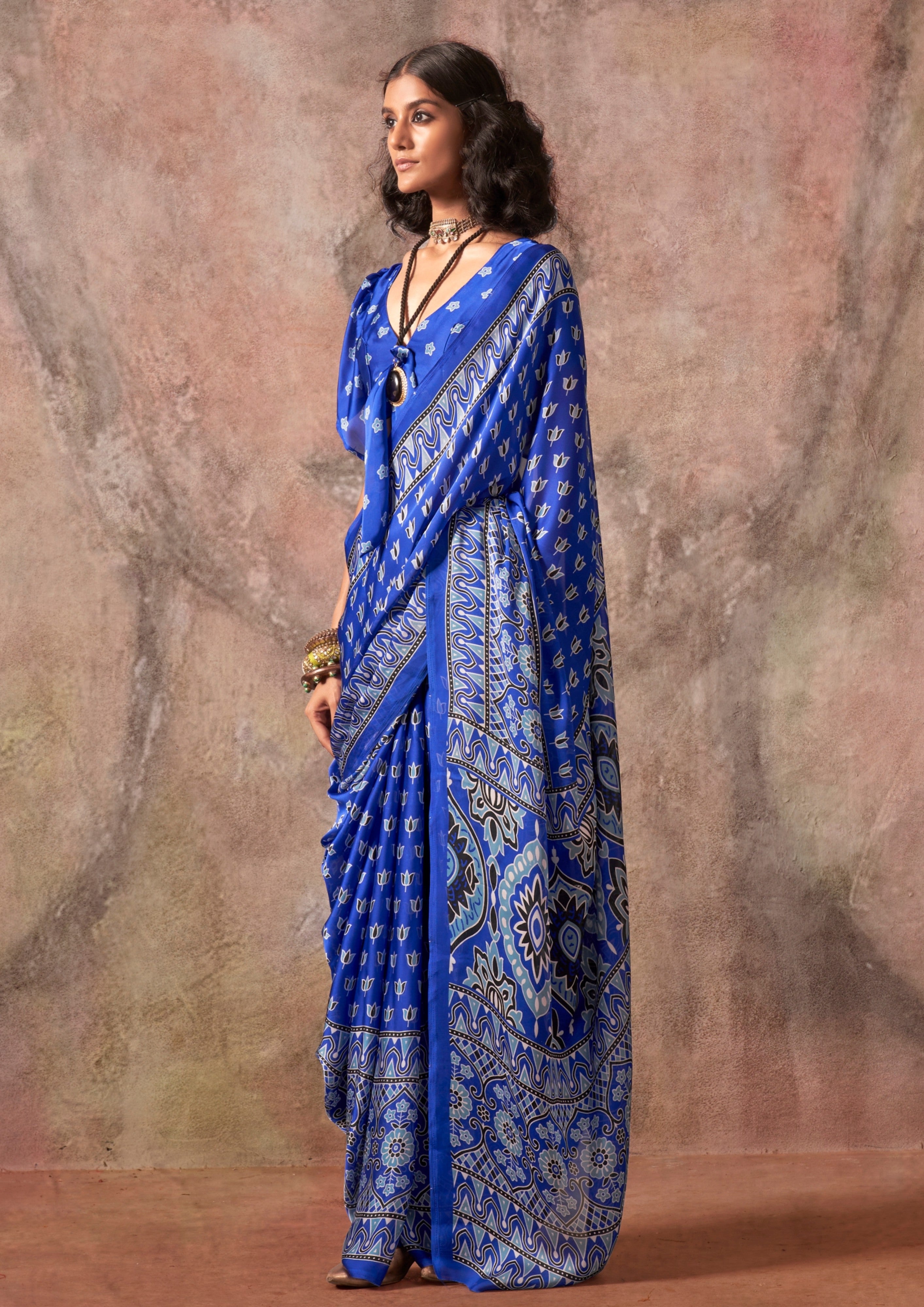Buy MySilkLove Lazuli Blue Ajrakh Printed Satin Georgette Silk Saree Online