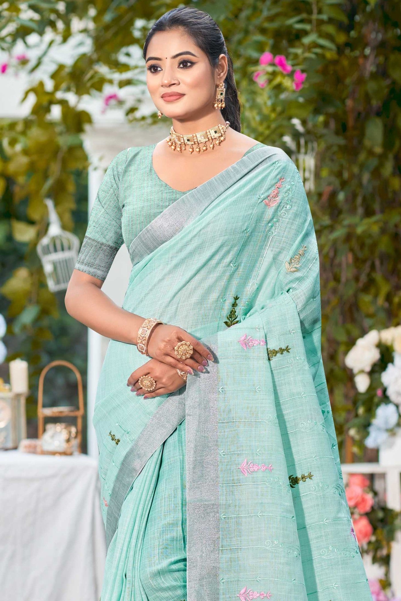 Buy MySilkLove Sky Blue Woven Cotton Linen Saree Online