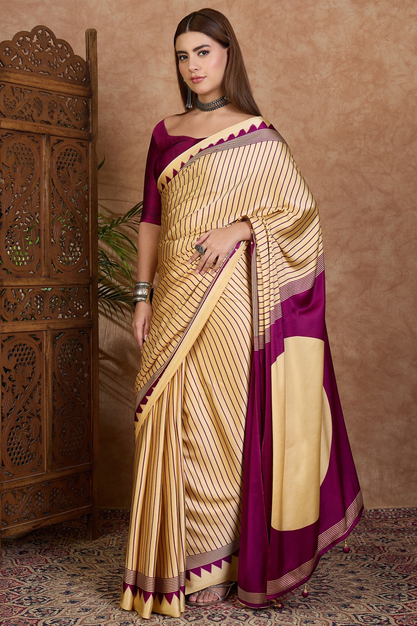Buy MySilkLove Fawn Cream and Purple Stripe Ajrakh Printed Satin Crepe Silk Saree Online