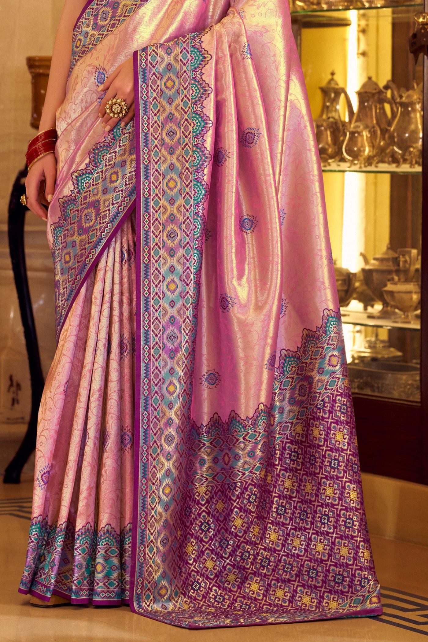 Buy MySilkLove Dawn Pink Woven Tissue Patola Silk Saree Online