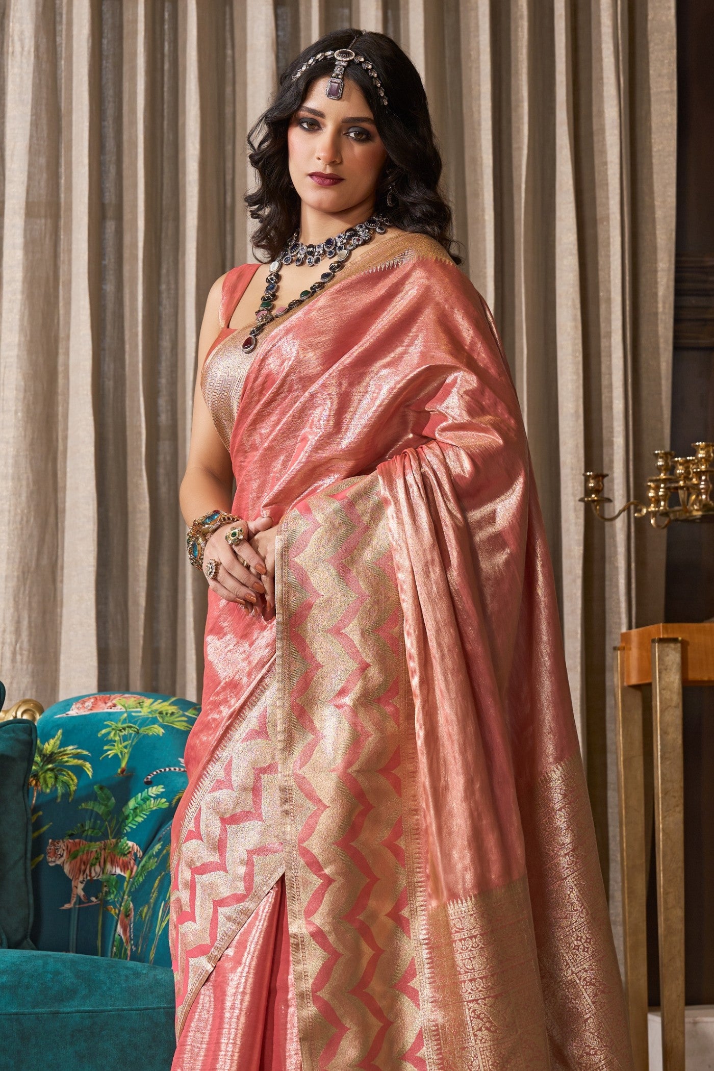 Buy MySilkLove Warm Pink Handloom Tissue Saree Online