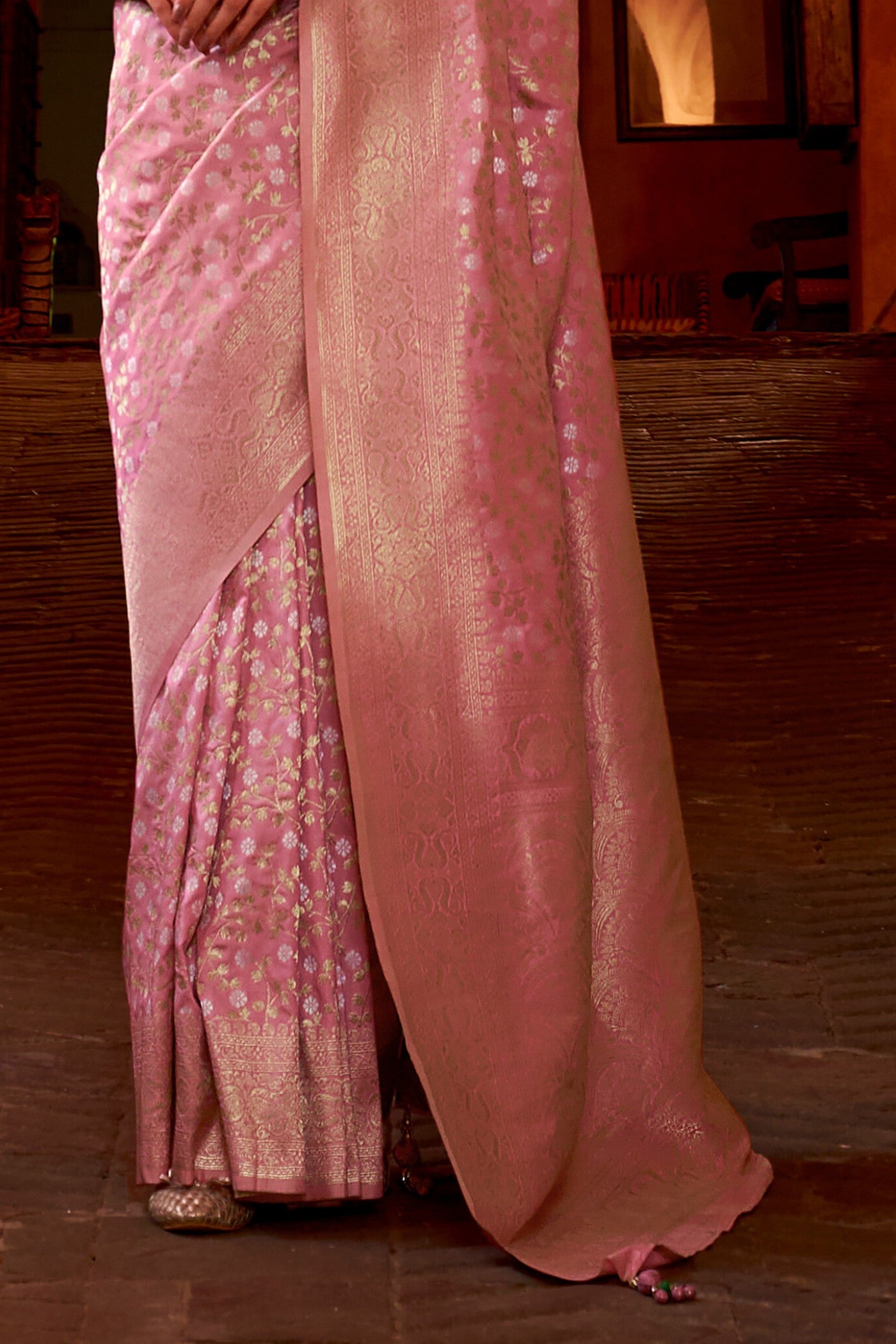 Buy MySilkLove Melon Pink Woven Banarasi Saree Online