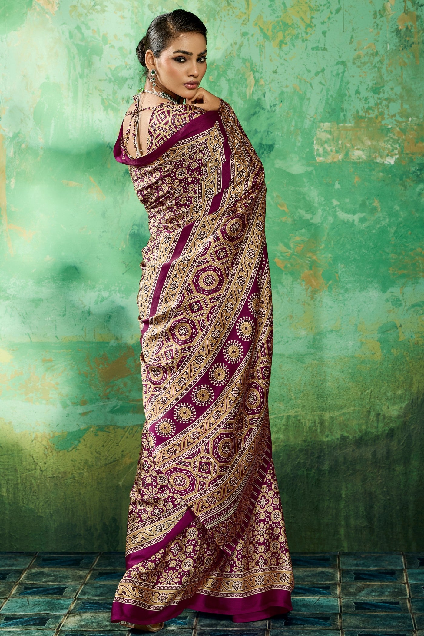 Buy MySilkLove Royal Garnet Purple Modal Ajrakh Satin Printed Silk Saree Online