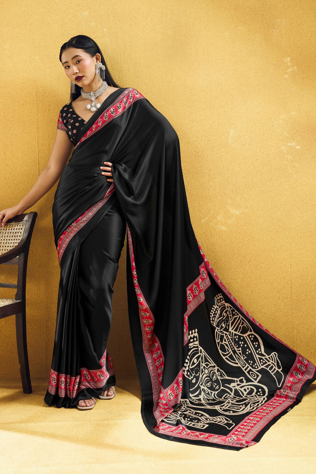 Buy MySilkLove Onyx Black Modal Ajrakh Satin Printed Silk Saree Online